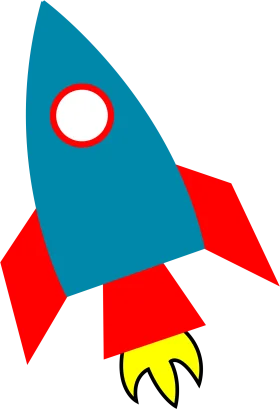 Stylized Blue and Red Space Rocket Clipart with Flame Propulsion Design