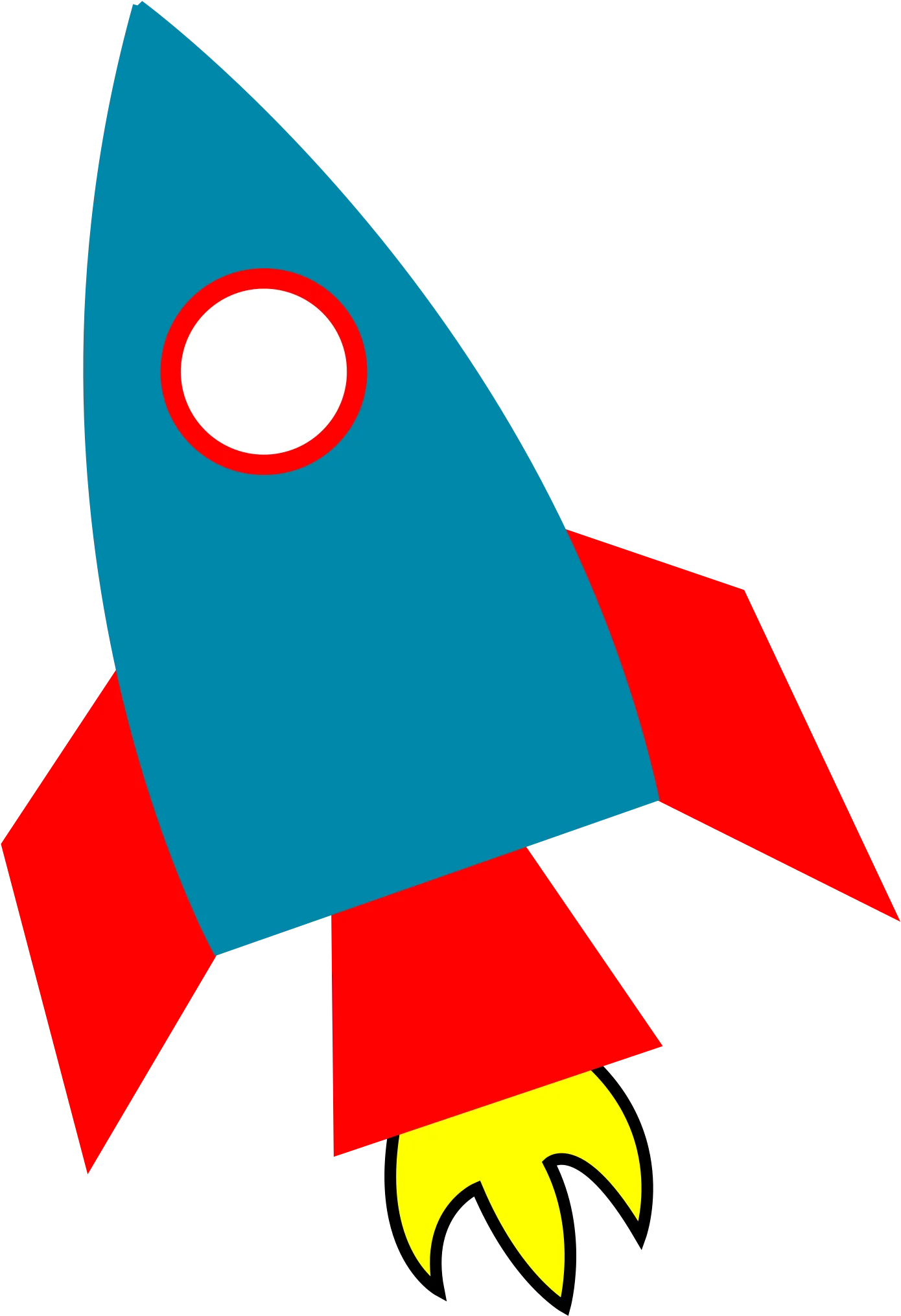 Stylized Blue and Red Space Rocket Clipart with Flame Propulsion Design