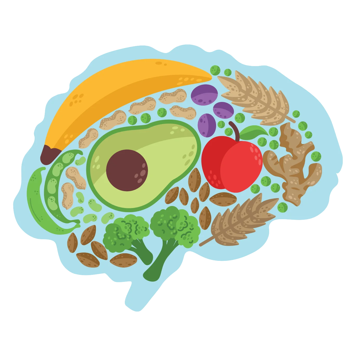 Brain-Shaped Healthy Nutrition Clipart: Colorful Fruits and Vegetables Composition