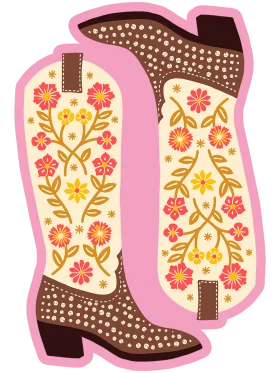 Charming Southwestern Floral Cowboy Boots Clipart with Pink Border