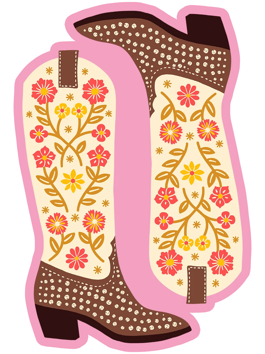 Charming Southwestern Floral Cowboy Boots Clipart with Pink Border