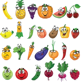 Cheerful Cartoon Fruits and Vegetables Clipart Collection with Expressive Faces