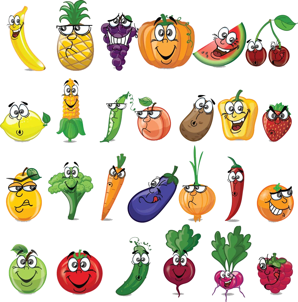 Cheerful Cartoon Fruits and Vegetables Clipart Collection with Expressive Faces