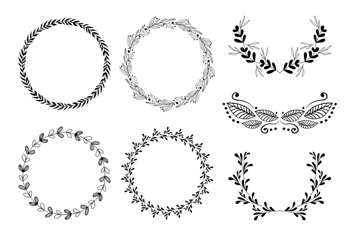Elegant Black and White Botanical Wreath and Frame Clipart Collection