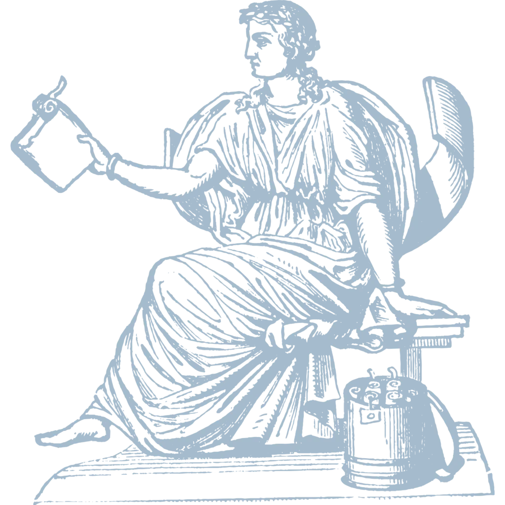 Elegant Classical Allegory Clipart Depicting a Seated Scholarly Figure with Writing Tools