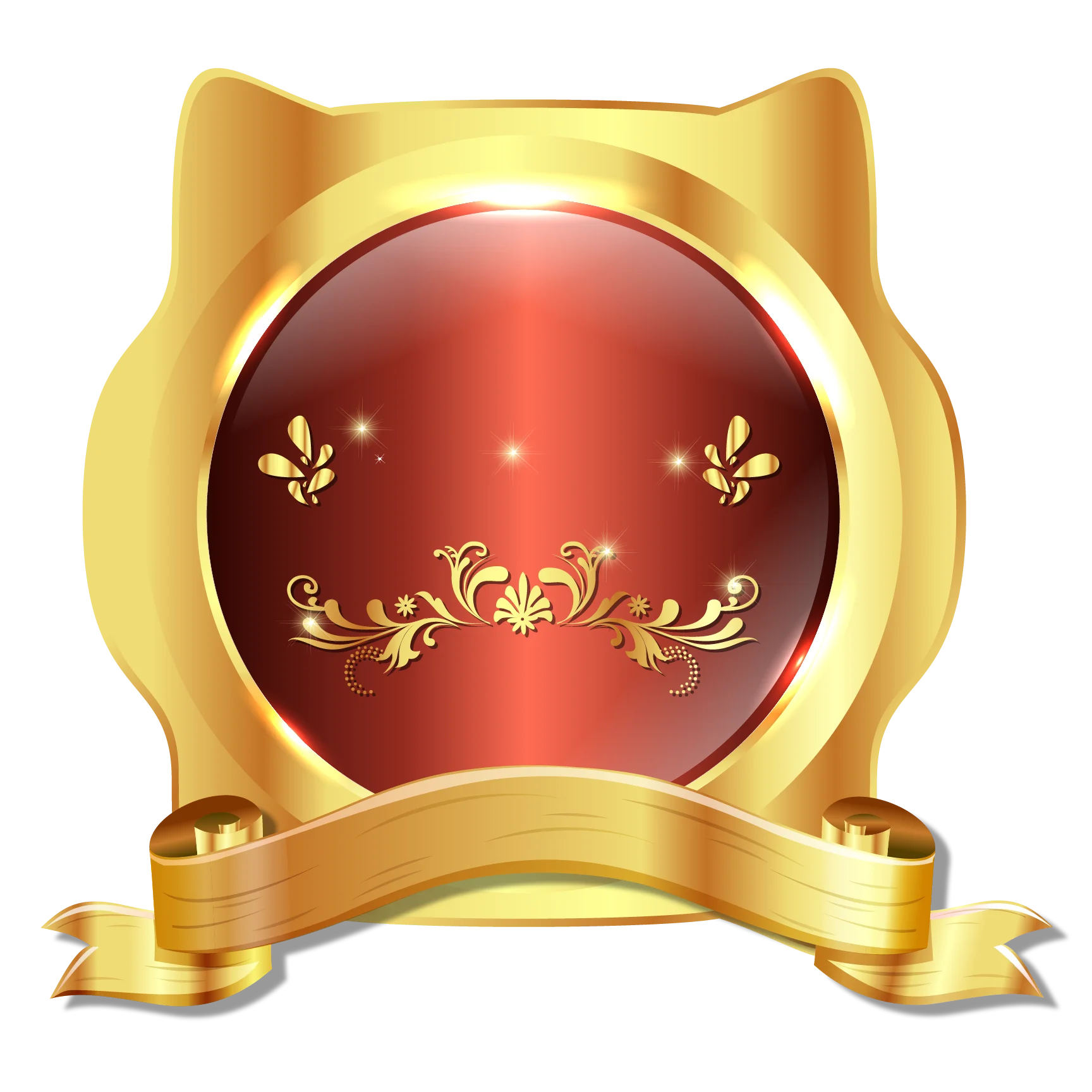 Elegant Golden Cat-Ear Framed Red Embellished Luxury Metallic Clipart Badge