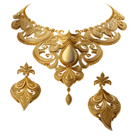 Elegant Golden Filigree Necklace and Earrings Clipart Set with Intricate Scrollwork