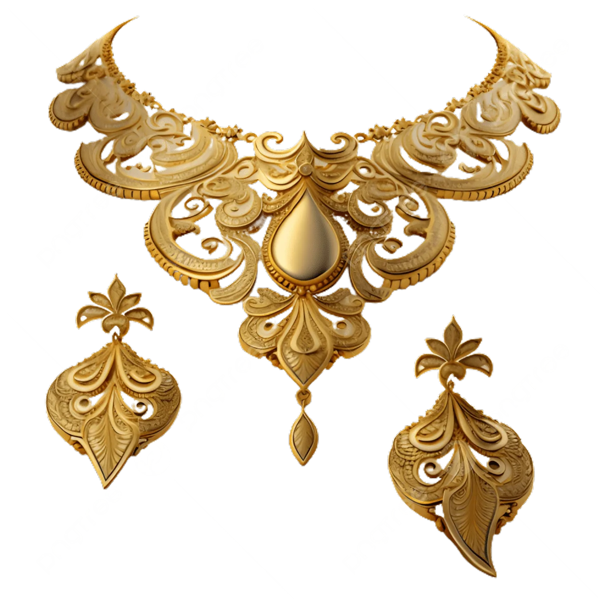 Elegant Golden Filigree Necklace and Earrings Clipart Set with Intricate Scrollwork