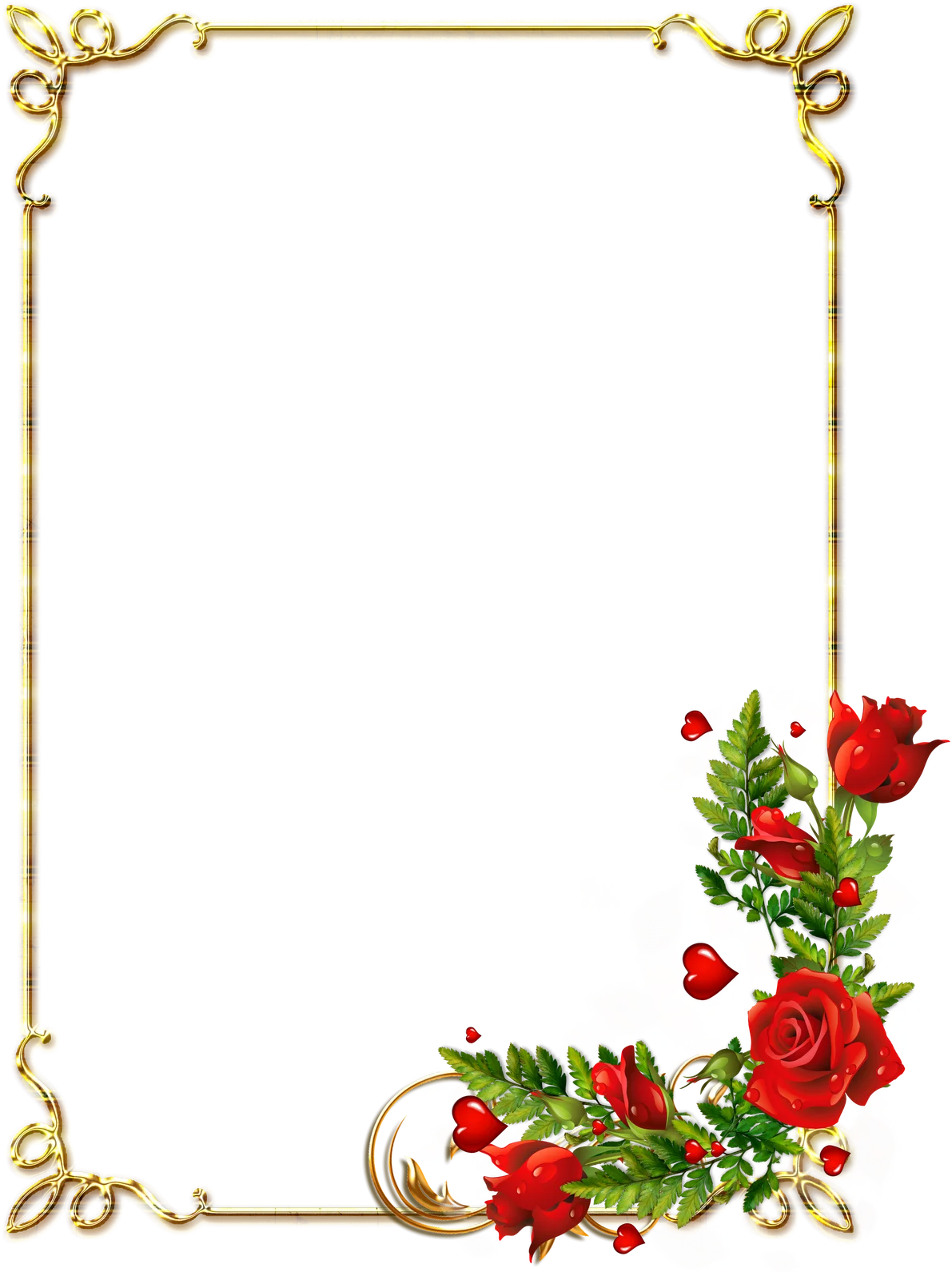 Elegant Golden Frame with Romantic Red Roses Floral Clipart Design