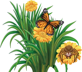 Enchanting Nature Scene with Monarch Butterfly and Spider on Blooming Flowers Clipart