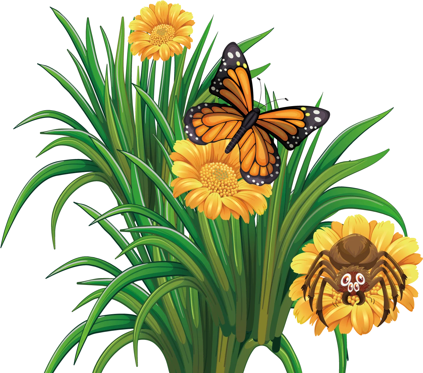 Enchanting Nature Scene with Monarch Butterfly and Spider on Blooming Flowers Clipart