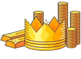 Golden Crown and Stacked Gold Bars and Coins Wealth Prosperity Clipart Illustration