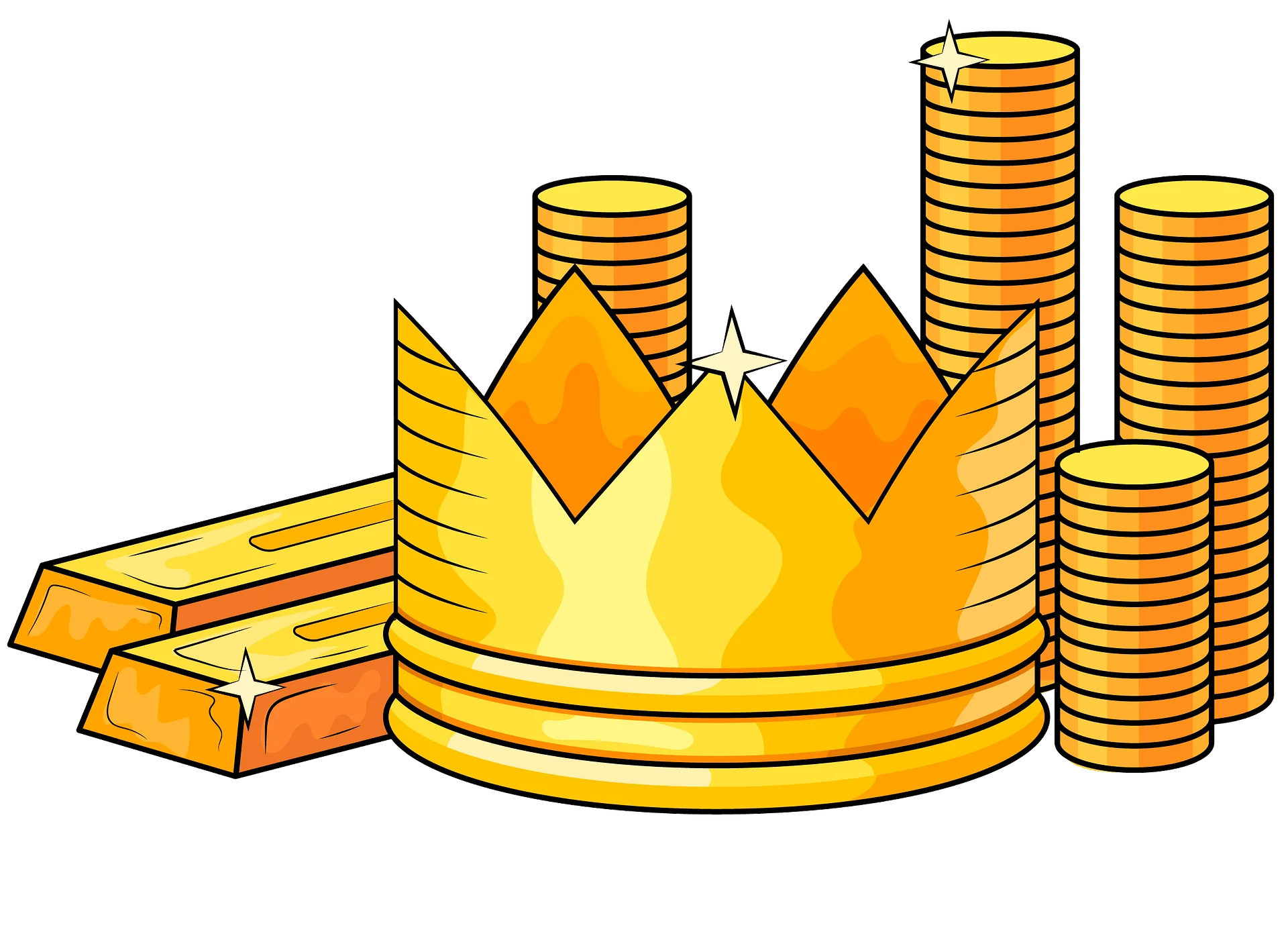 Golden Crown and Stacked Gold Bars and Coins Wealth Prosperity Clipart Illustration