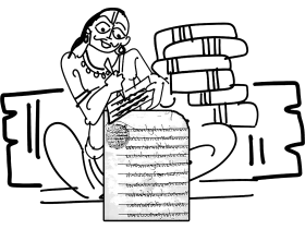 Scholarly Student Studying Historical Documents amid Stacked Reference Books Clipart