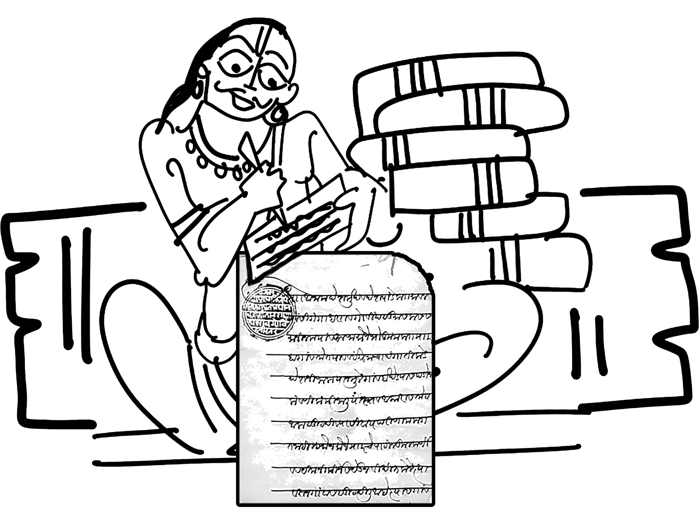 Scholarly Student Studying Historical Documents amid Stacked Reference Books Clipart