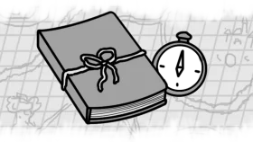 Vintage Historical Research Stopwatch and Bound Reference Book Clipart Illustration
