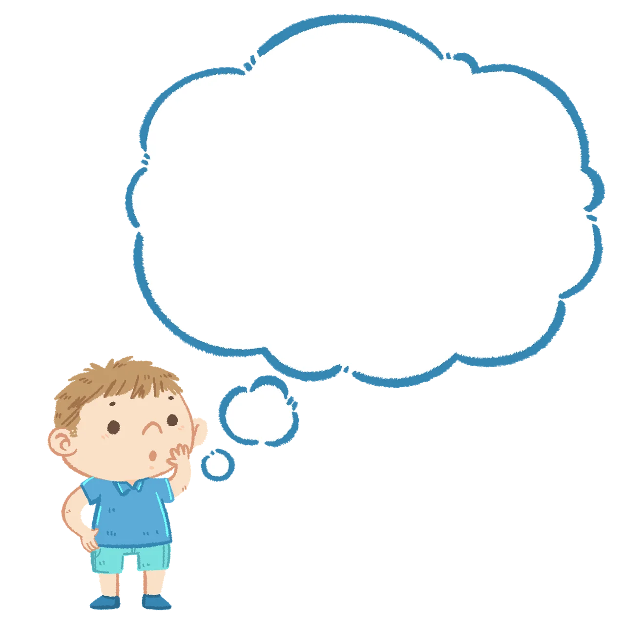 Adorable Child Thinking with Empty Blue Cloud-Shaped Thought Bubble Clipart Illustration