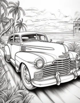 Classic 1940s American Automobile Tropical Scene Vintage Clipart Illustration