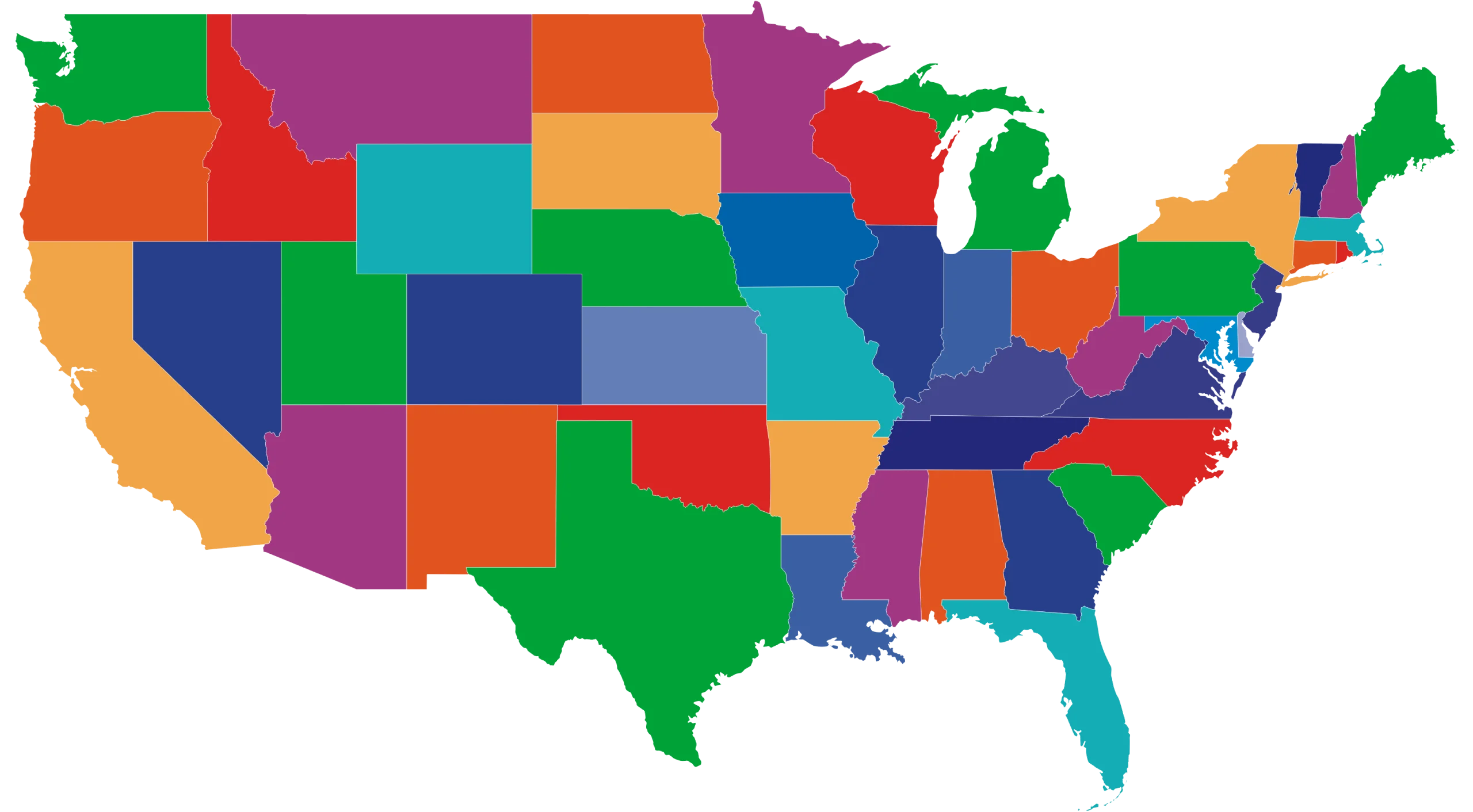 Colorful United States Geographical Representation Clipart with State-wise Color Coding