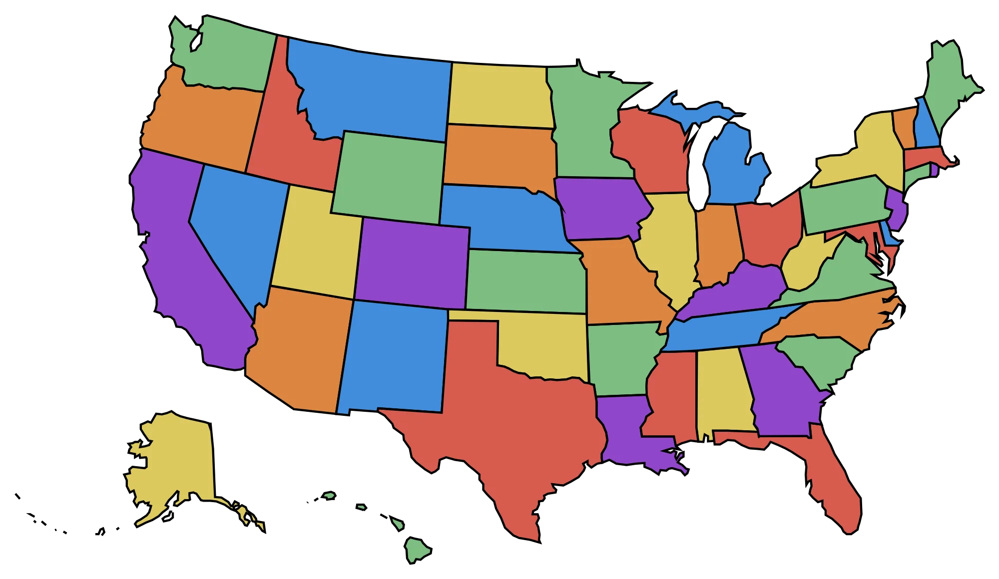 Colorful United States Map Clipart: Diverse State Representation Across America