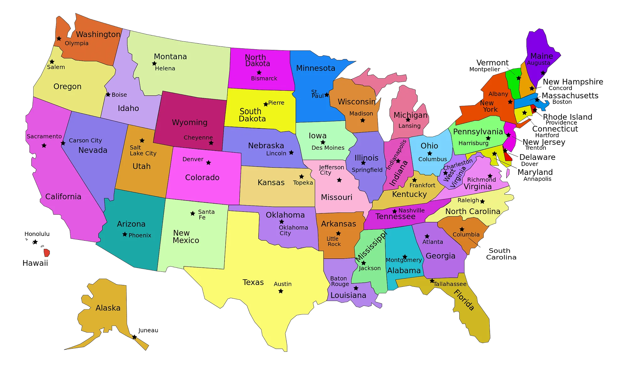 Colorful United States of America Political Regions Clipart Map Illustration