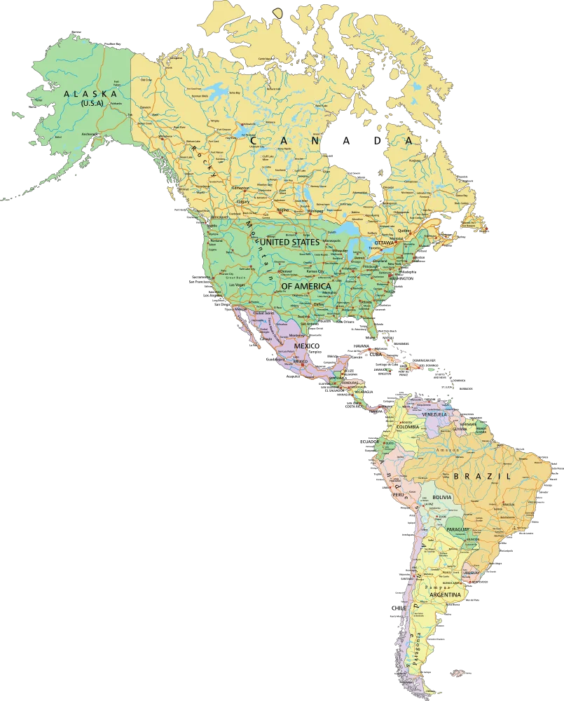 Detailed Political Map of the Americas Clipart - North and South Continental Illustration
