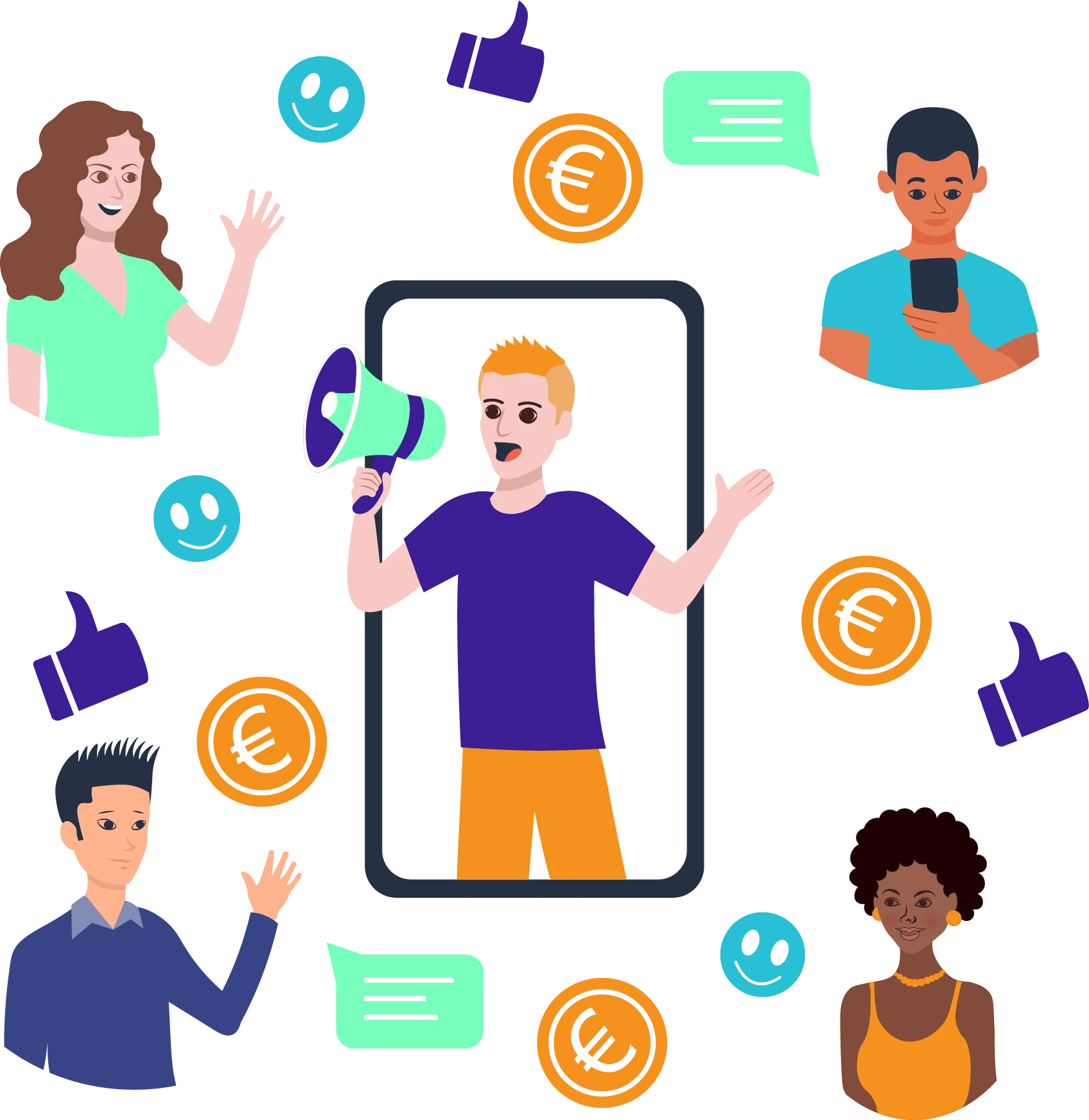 Dynamic Social Media Engagement and Digital Communication Clipart Illustration