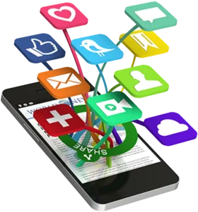 Dynamic Social Media Mobile Application Icons Emerging from Smartphone Clipart Illustration