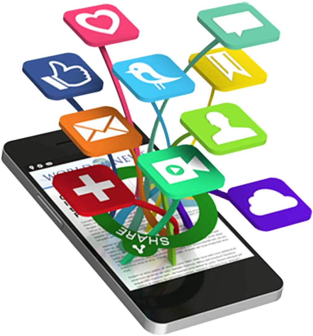 Dynamic Social Media Mobile Application Icons Emerging from Smartphone Clipart Illustration