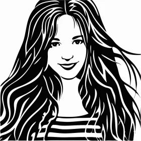 Elegant Black and White Hairstyle Clipart of Smiling Woman with Flowing Locks