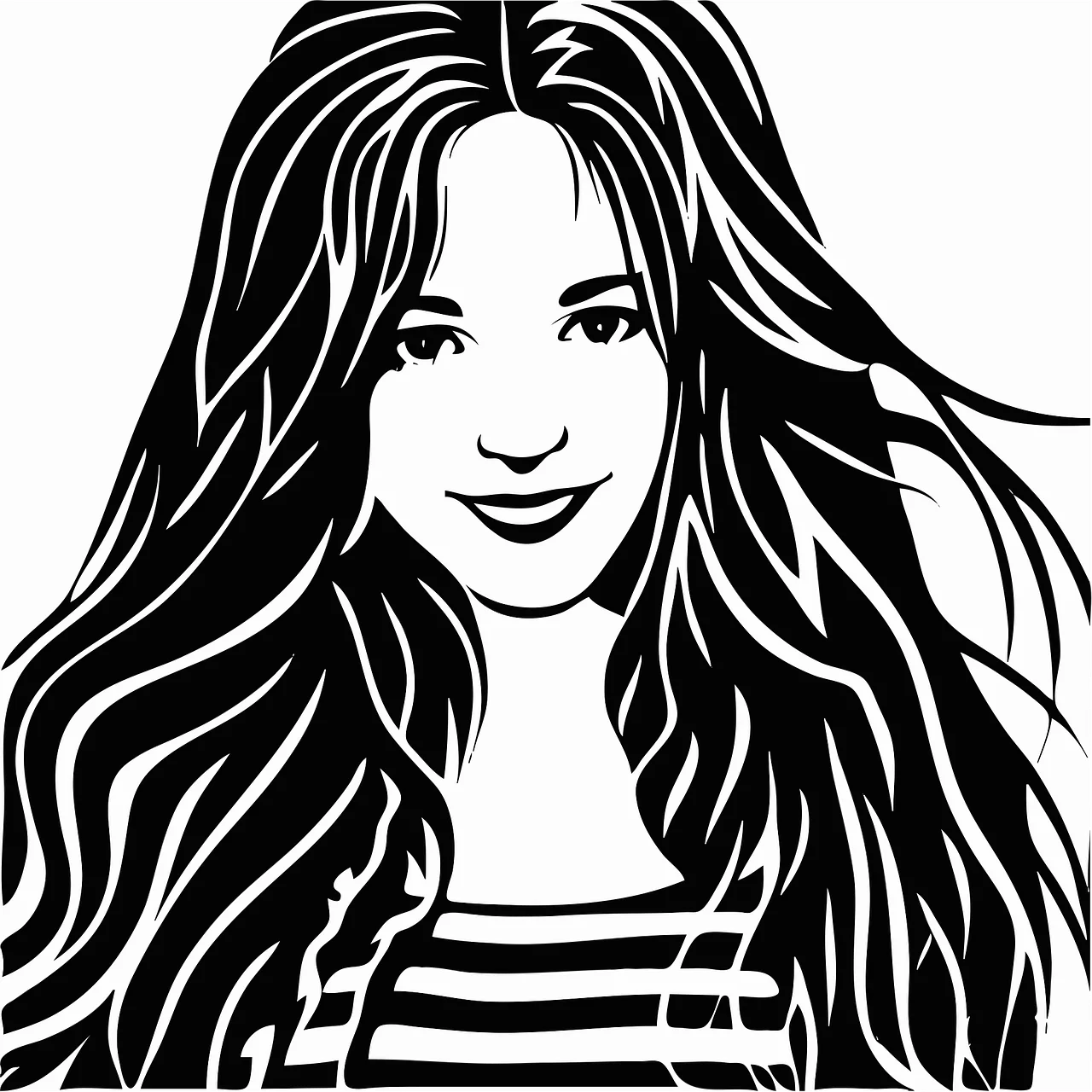 Elegant Black and White Hairstyle Clipart of Smiling Woman with Flowing Locks