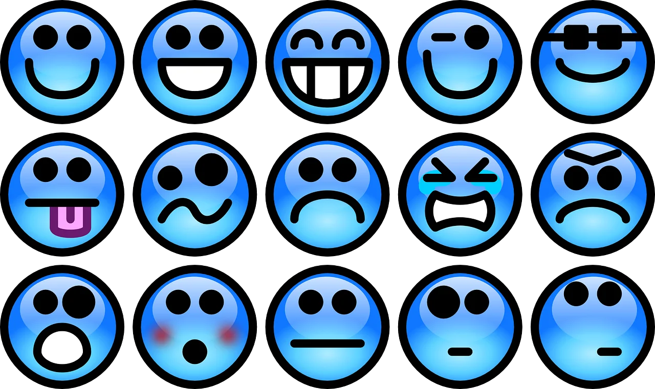 Expressive Blue Circular Emoji Clipart Showcasing Diverse Emotional Spectrum