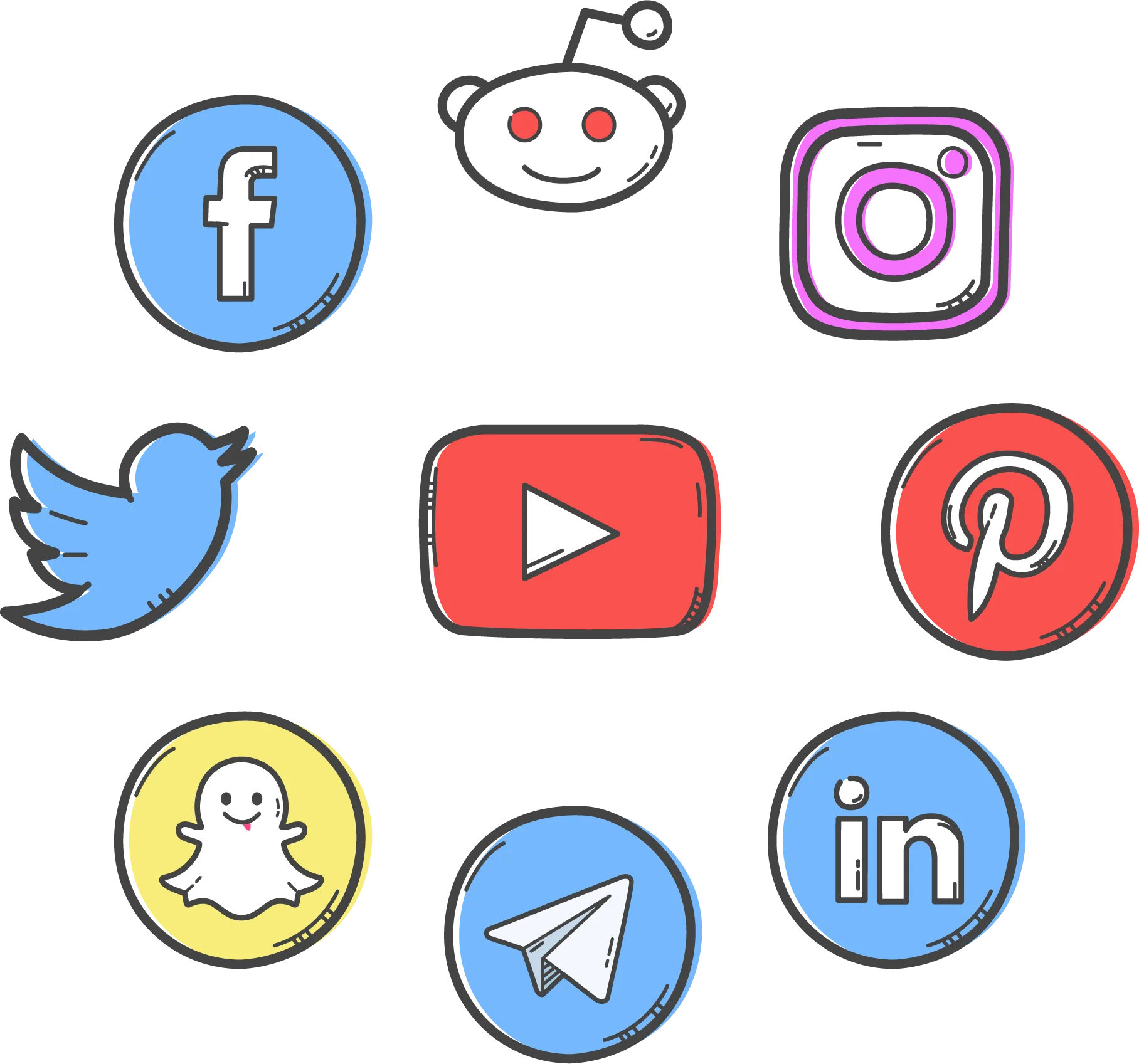 Hand-Drawn Social Media Platform Icons Clipart Collection in Playful Design