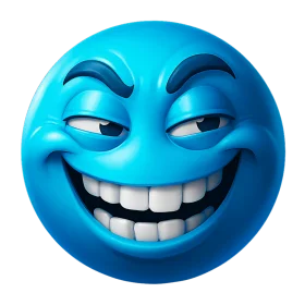 Mischievous Blue Emoji Clipart with Sly Grinning Expression and Playful Demeanor