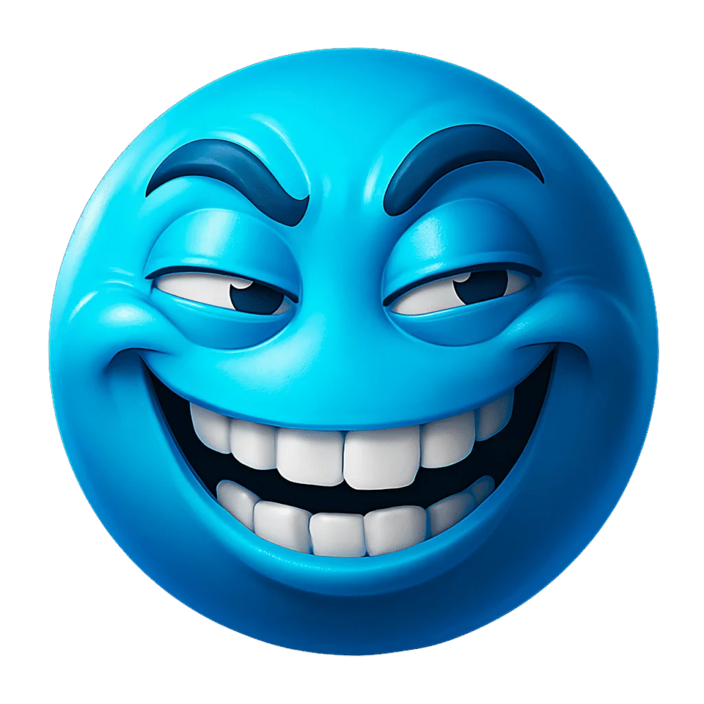 Mischievous Blue Emoji Clipart with Sly Grinning Expression and Playful Demeanor
