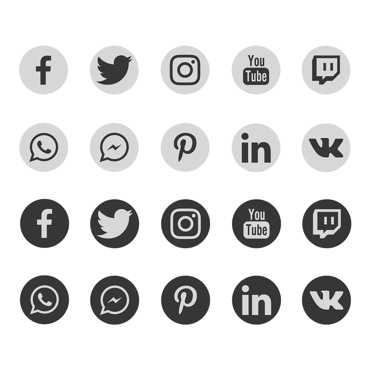 Monochrome Social Media Network Icons Clipart Collection in Grayscale Design
