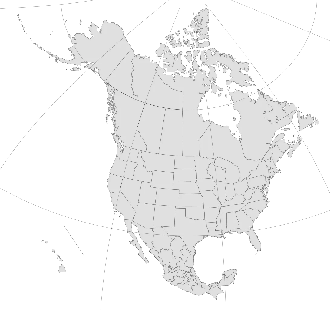 North American Continent Monochrome Political Boundaries Clipart Map Illustration