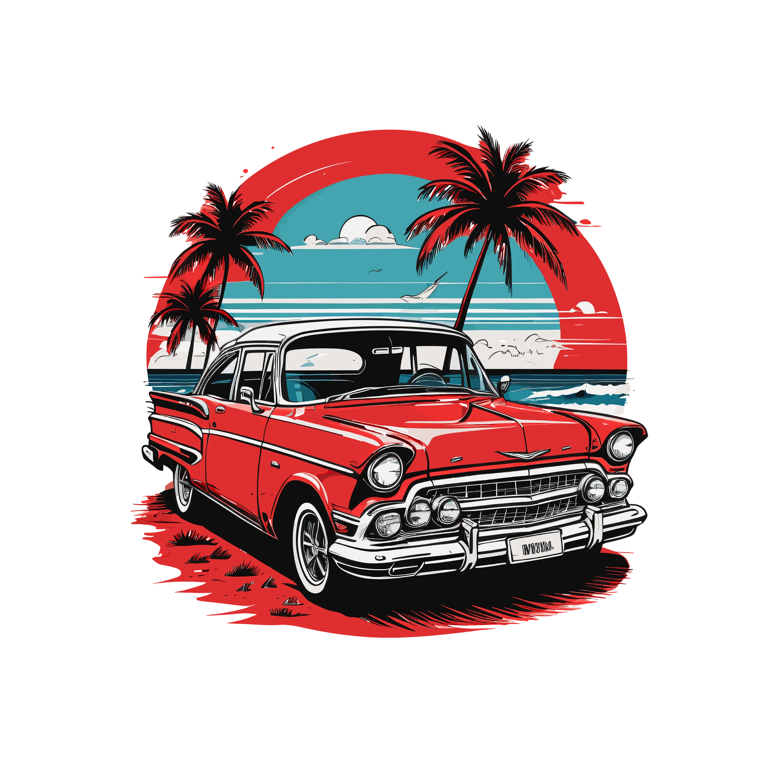 Retro Red Vintage Classic Car Clipart with Tropical Palm Tree Sunset Scene