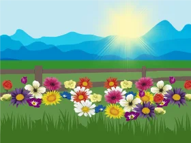 Serene Mountain Landscape with Colorful Wildflowers Meadow Clipart Scene