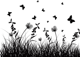 Silhouetted Wildflower Meadow Clipart with Dancing Butterflies and Delicate Grasses