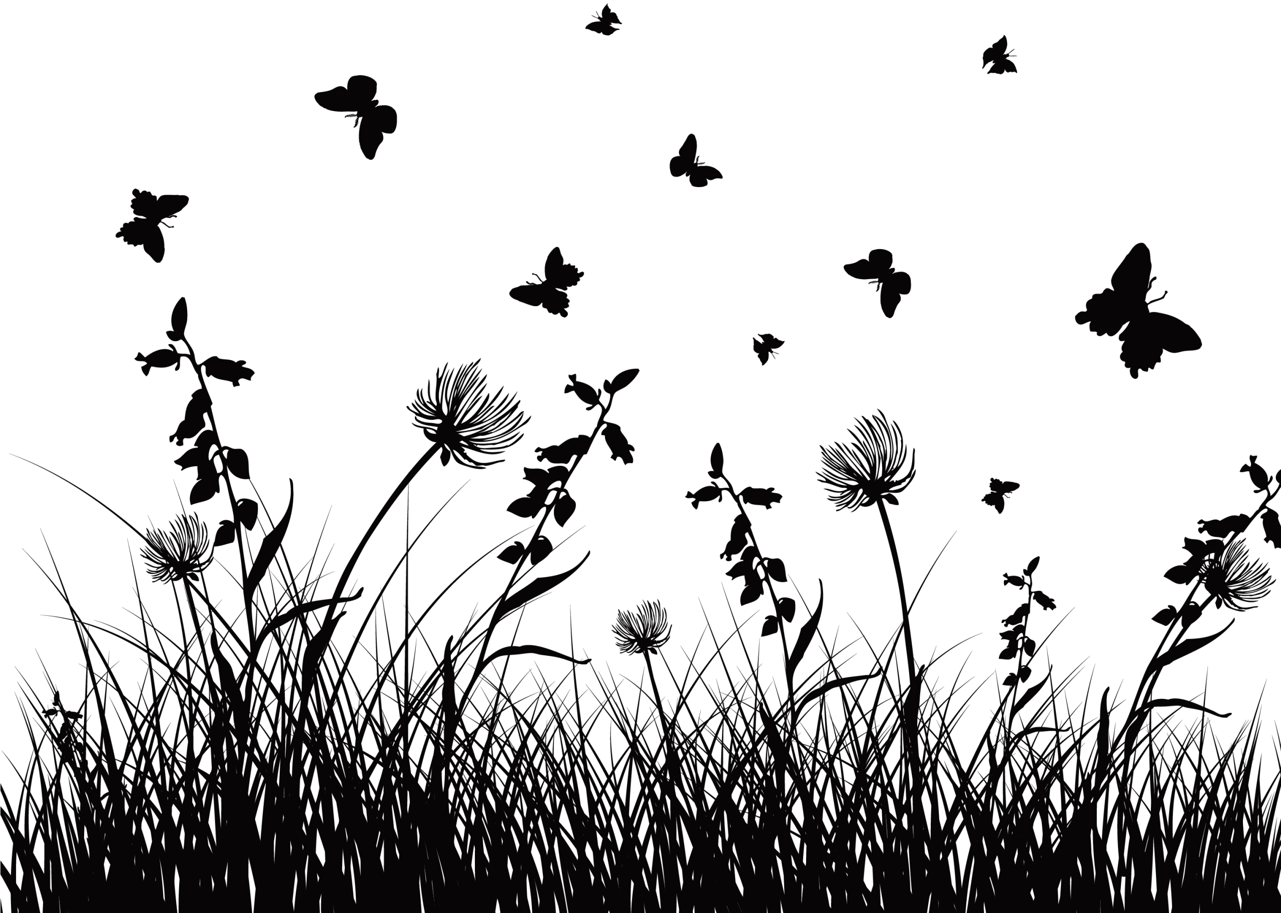 Silhouetted Wildflower Meadow Clipart with Dancing Butterflies and Delicate Grasses