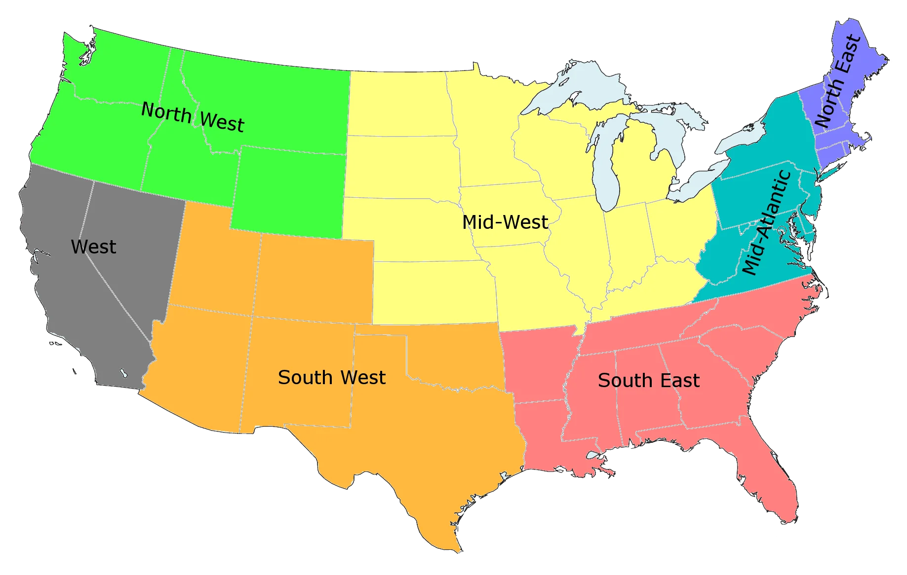 United States Regional Divisions Colorful Geographical Clipart Map Illustration