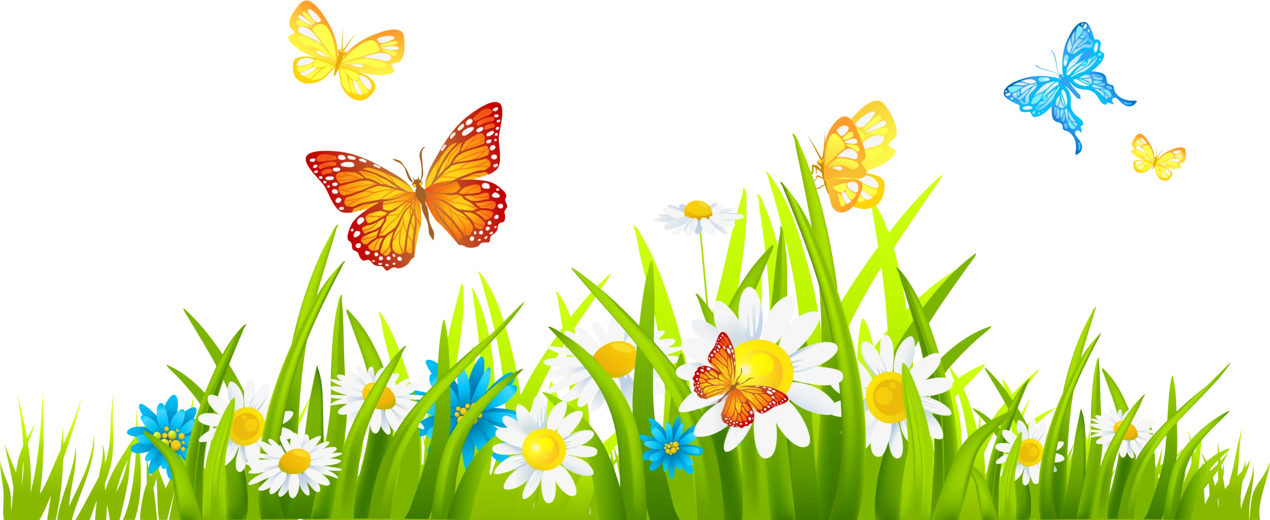 Whimsical Spring Meadow Wildflowers and Butterflies Clipart Illustration
