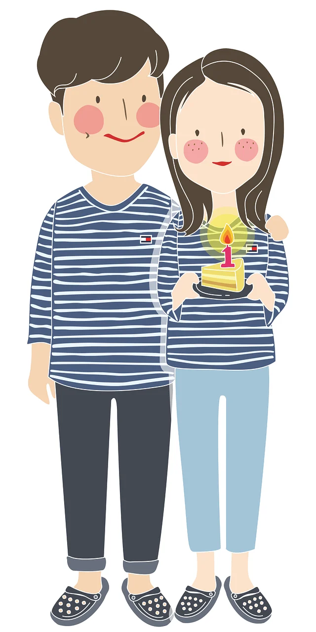 Adorable Couple Celebrating Anniversary with Cake Cartoon Clipart Illustration