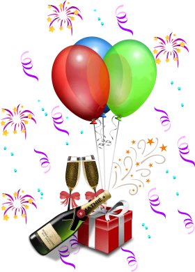 Celebratory Anniversary Festive Clipart with Balloons, Champagne, and Gift