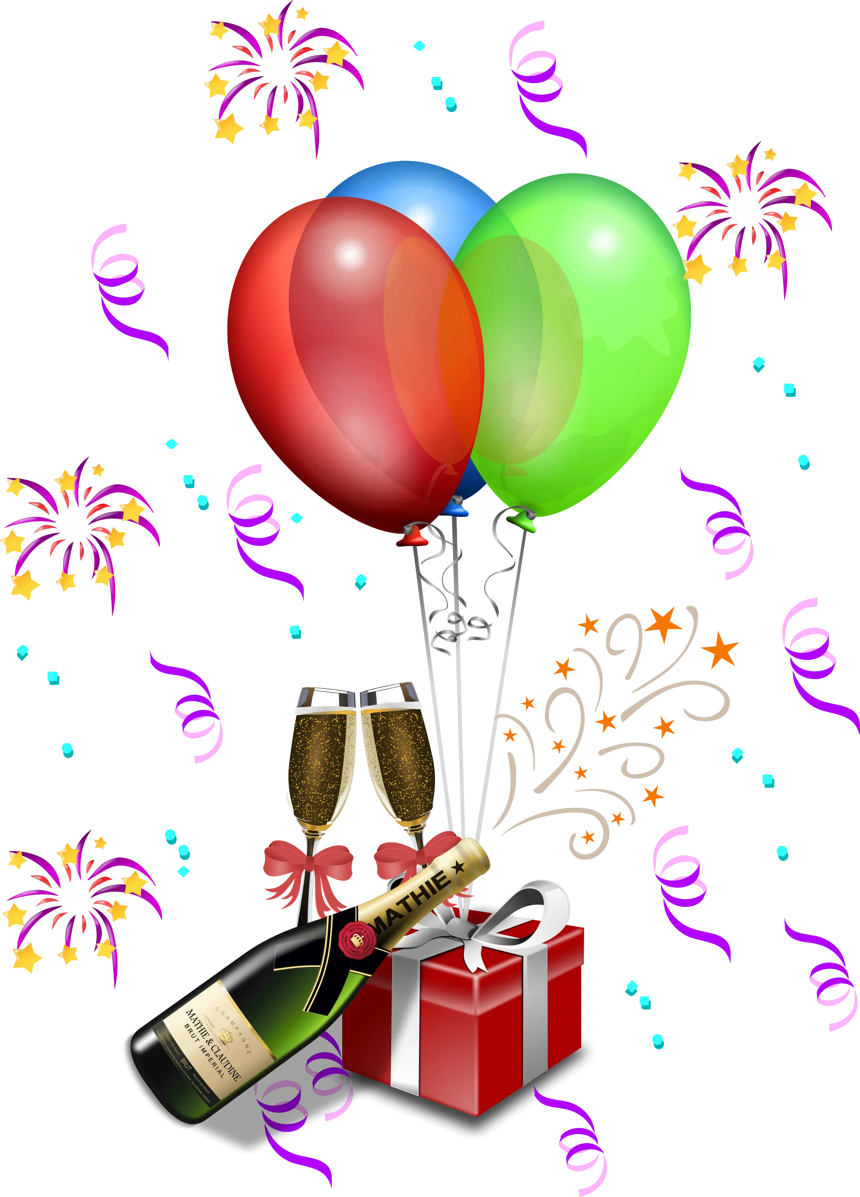Celebratory Anniversary Festive Clipart with Balloons, Champagne, and Gift