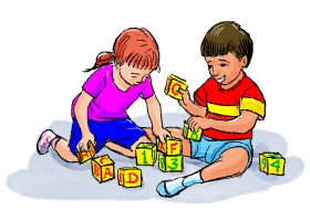 Children Playing with Colorful Alphabet Learning Blocks Clipart Illustration