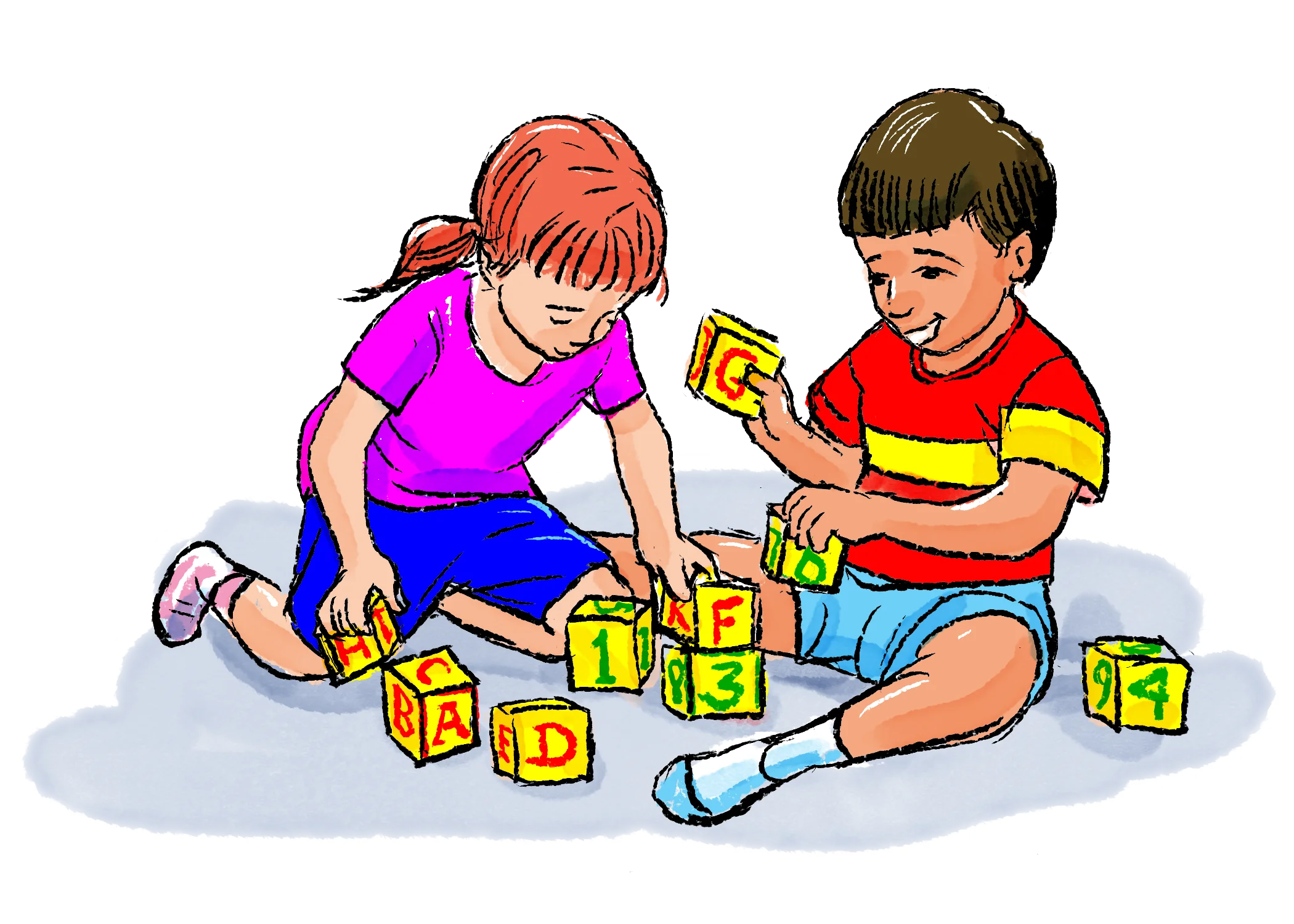 Children Playing with Colorful Alphabet Learning Blocks Clipart Illustration