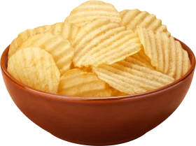 Crispy Golden Ridged Potato Chips Clipart in Rustic Clay Bowl