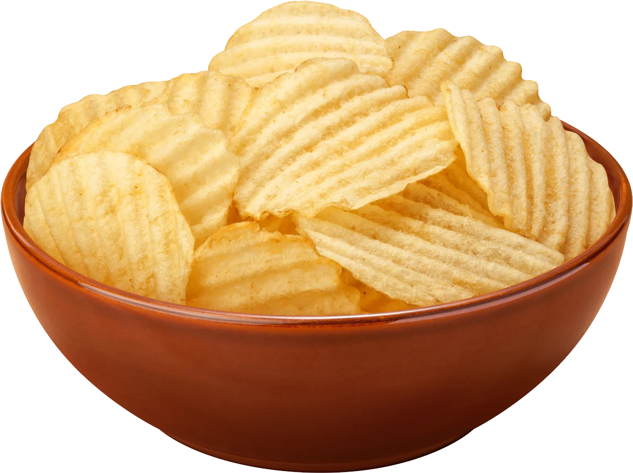 Crispy Golden Ridged Potato Chips Clipart in Rustic Clay Bowl